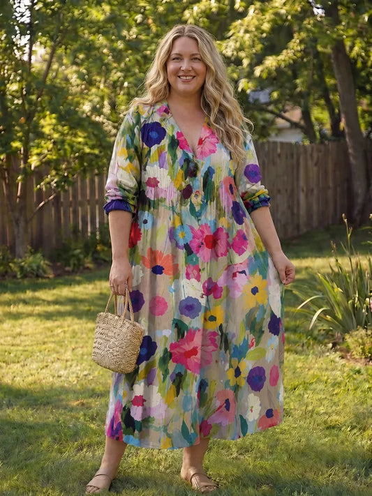 Women's floral long-sleeve maxi dress with V-neck button-front