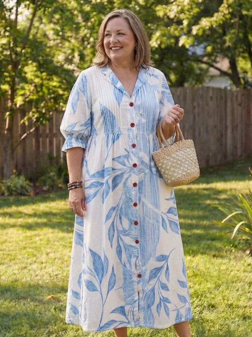 Women's floral long-sleeve maxi dress with V-neck button-front