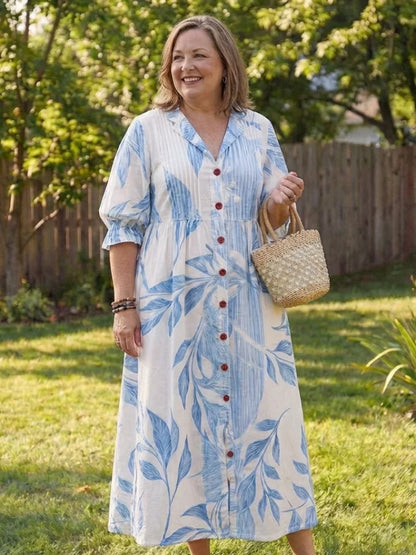 Women's floral long-sleeve maxi dress with V-neck button-front