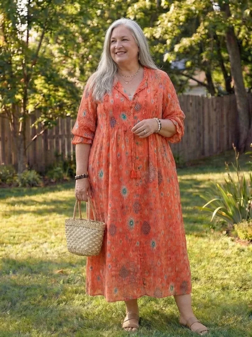 Women's floral long-sleeve maxi dress with V-neck button-front