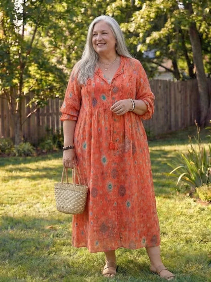 Women's floral long-sleeve maxi dress with V-neck button-front