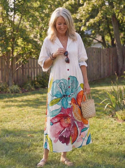 Women's floral long-sleeve maxi dress with V-neck button-front – Floral