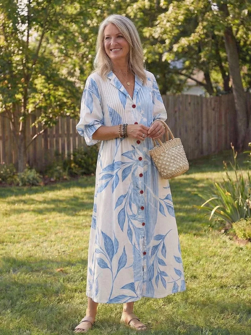 Women's floral long-sleeve maxi dress with V-neck button-front – Light blue