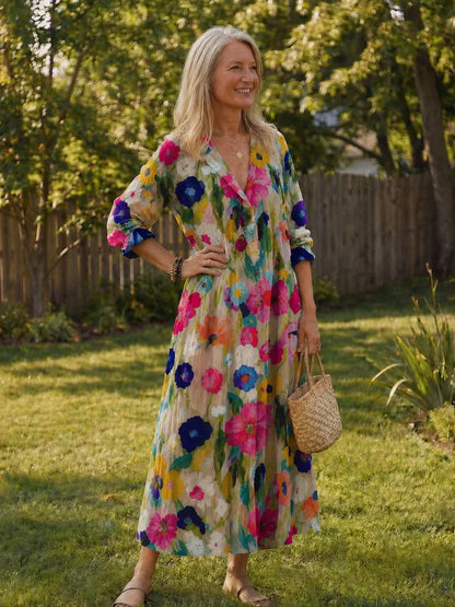 Women's floral long-sleeve maxi dress with V-neck button-front – Multicolor