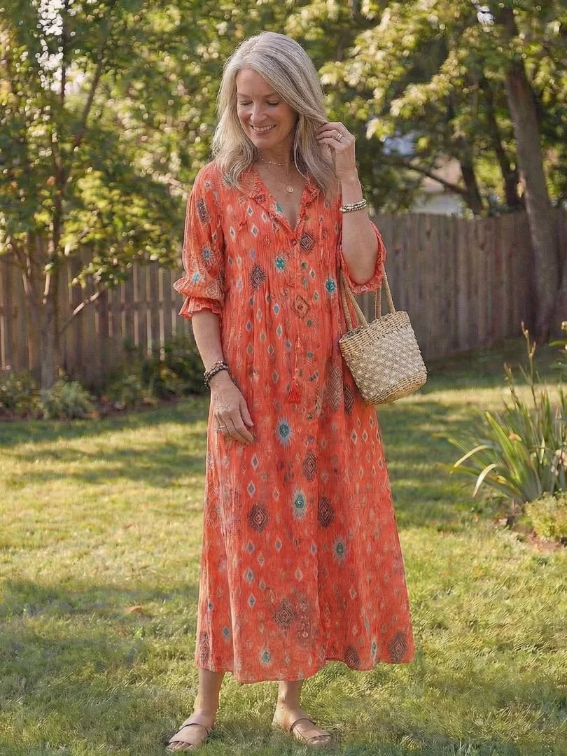 Women's floral long-sleeve maxi dress with V-neck button-front – Orange