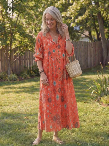 Women's floral long-sleeve maxi dress with V-neck button-front – Orange