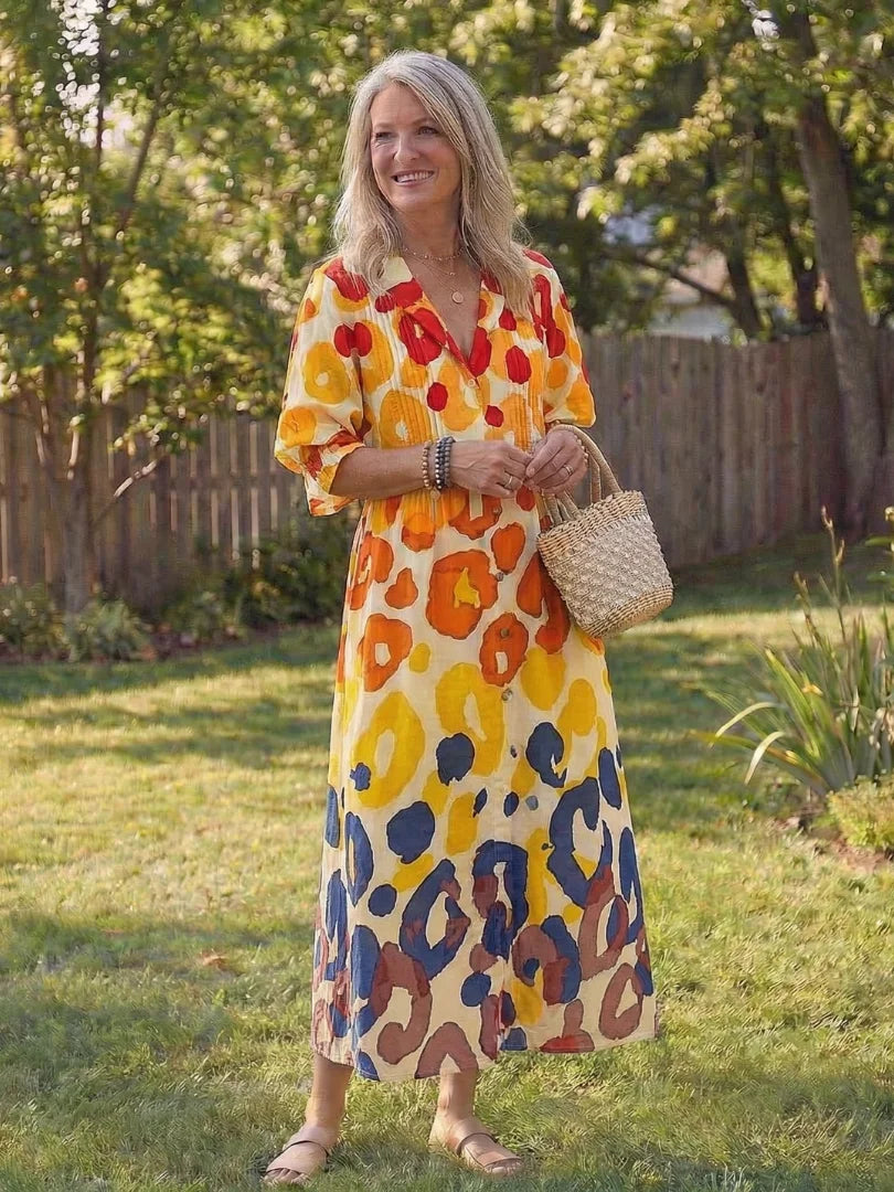 Women's floral long-sleeve maxi dress with V-neck button-front – Yellow
