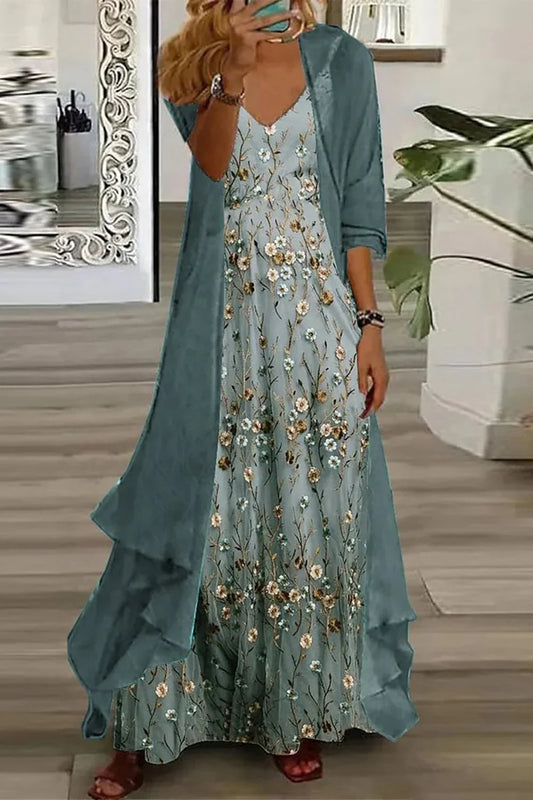 Women's floral maxi dress set V-neck sleeveless with 3/4-sleeve duster cardigan – Green