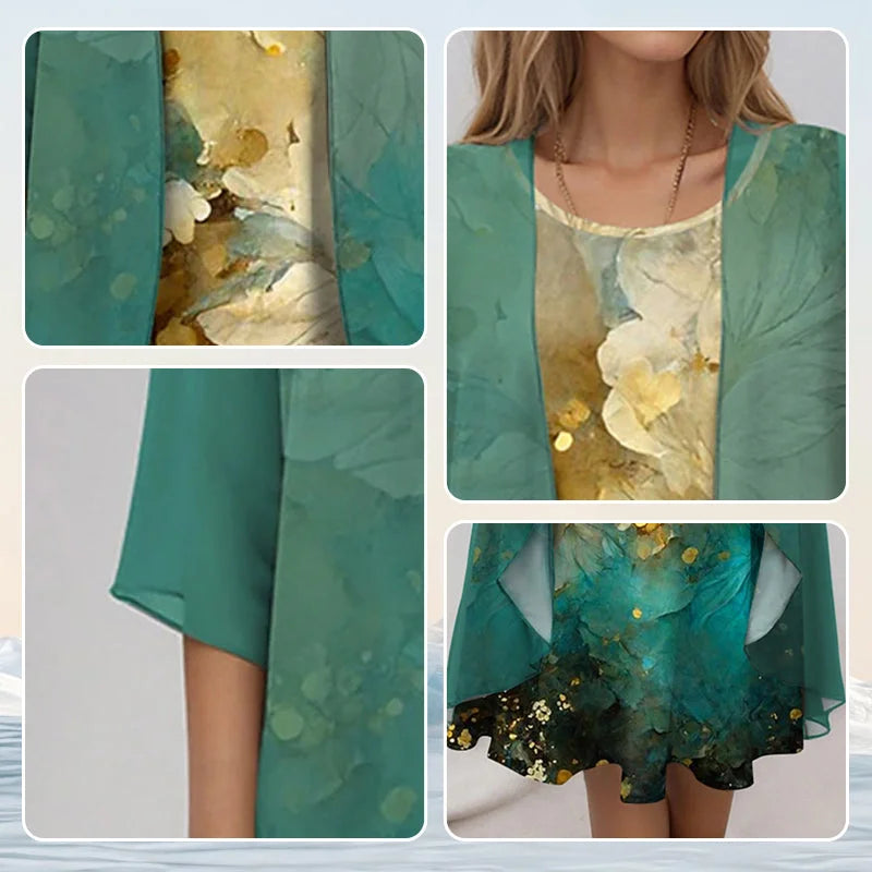 Women's floral midi dress and jacket two-piece set with 3/4-sleeves