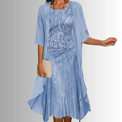 Women's floral midi dress and jacket two-piece set with 3/4-sleeves – Blue