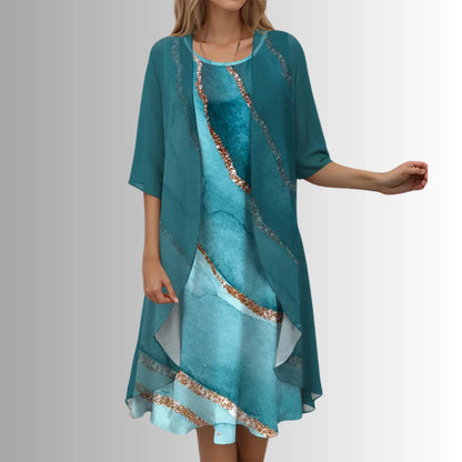 Women's floral midi dress and jacket two-piece set with 3/4-sleeves – Blue Pattern