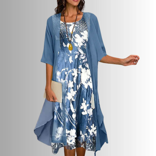 Women's floral midi dress and jacket two-piece set with 3/4-sleeves – Floral Blue
