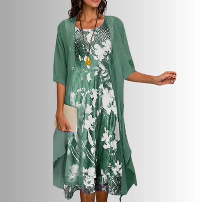Women's floral midi dress and jacket two-piece set with 3/4-sleeves – Floral Green