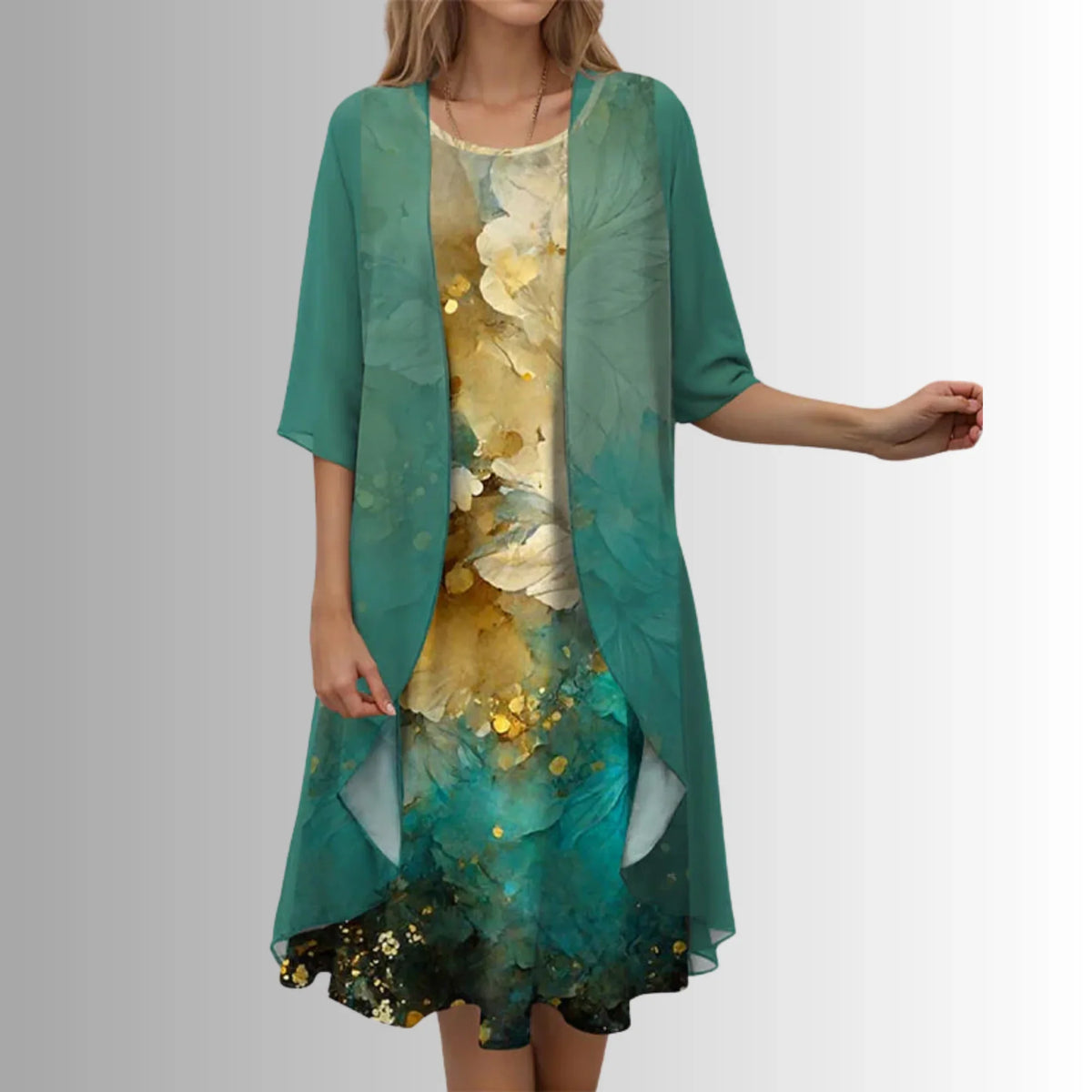 Women's floral midi dress and jacket two-piece set with 3/4-sleeves – Green Pattern
