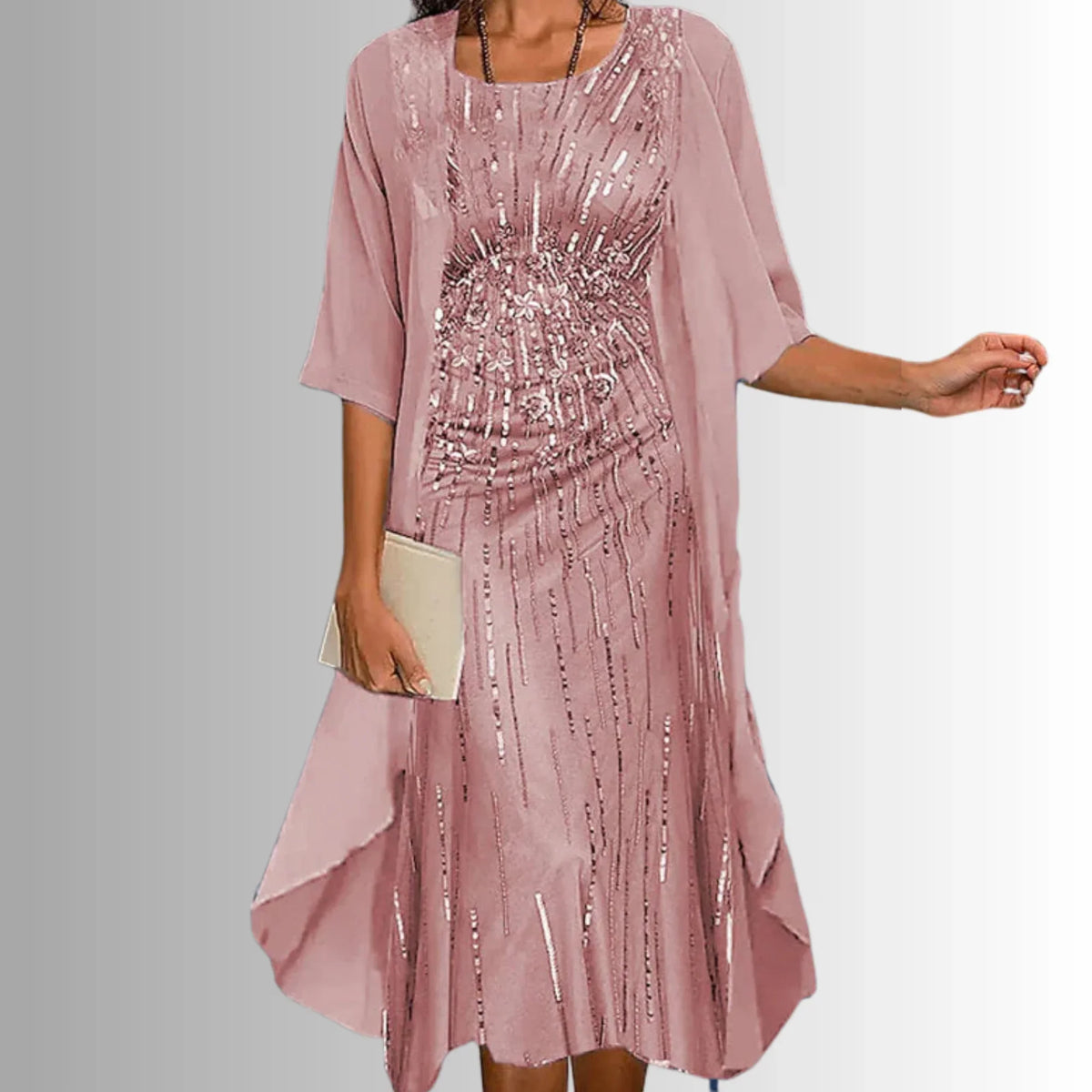 Women's floral midi dress and jacket two-piece set with 3/4-sleeves – Pink