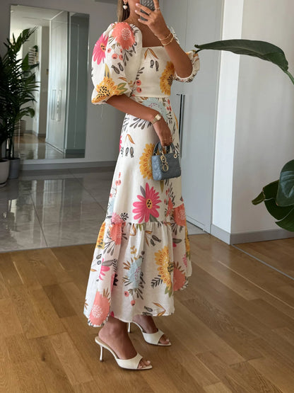 Women's floral midi dress with square-neck puff-sleeve and ruffled hem – Multicolor