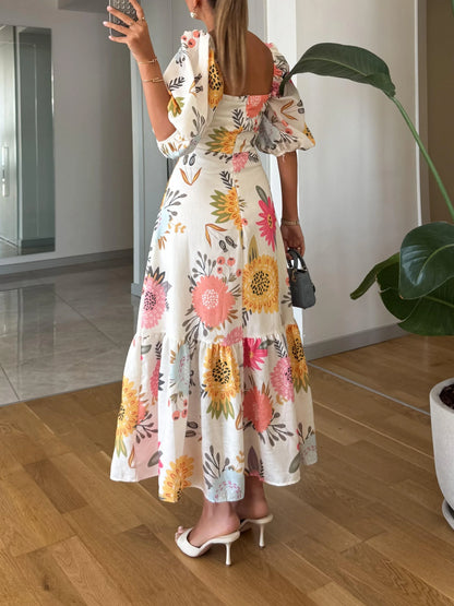 Women's floral midi dress with square-neck puff-sleeve and ruffled hem – Multicolor