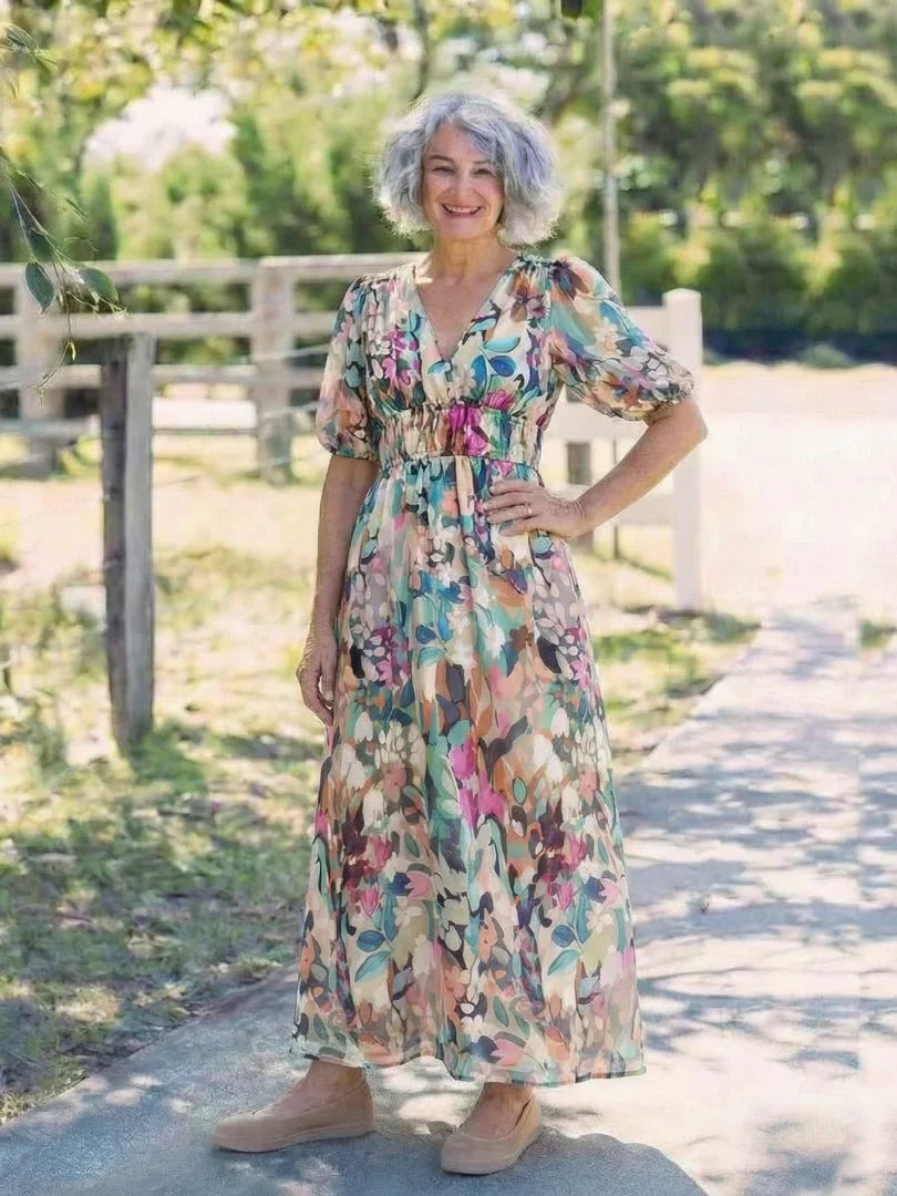 Women's floral midi dress with V-neck puff sleeves and elasticated waist – Floral
