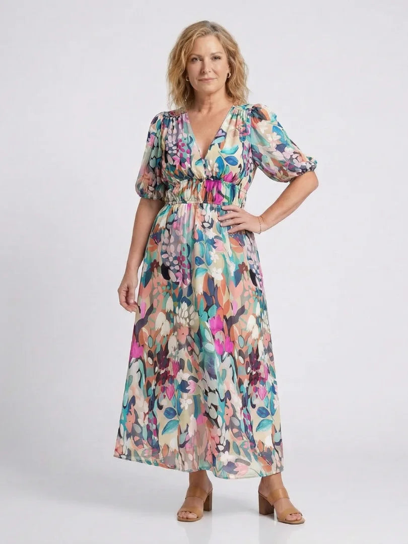Women's floral midi dress with V-neck puff sleeves and elasticated waist – Floral