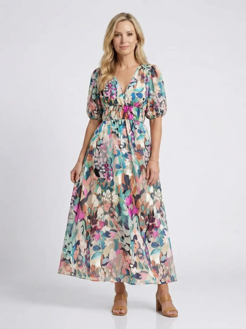 Women's floral midi dress with V-neck puff sleeves and elasticated waist – Floral