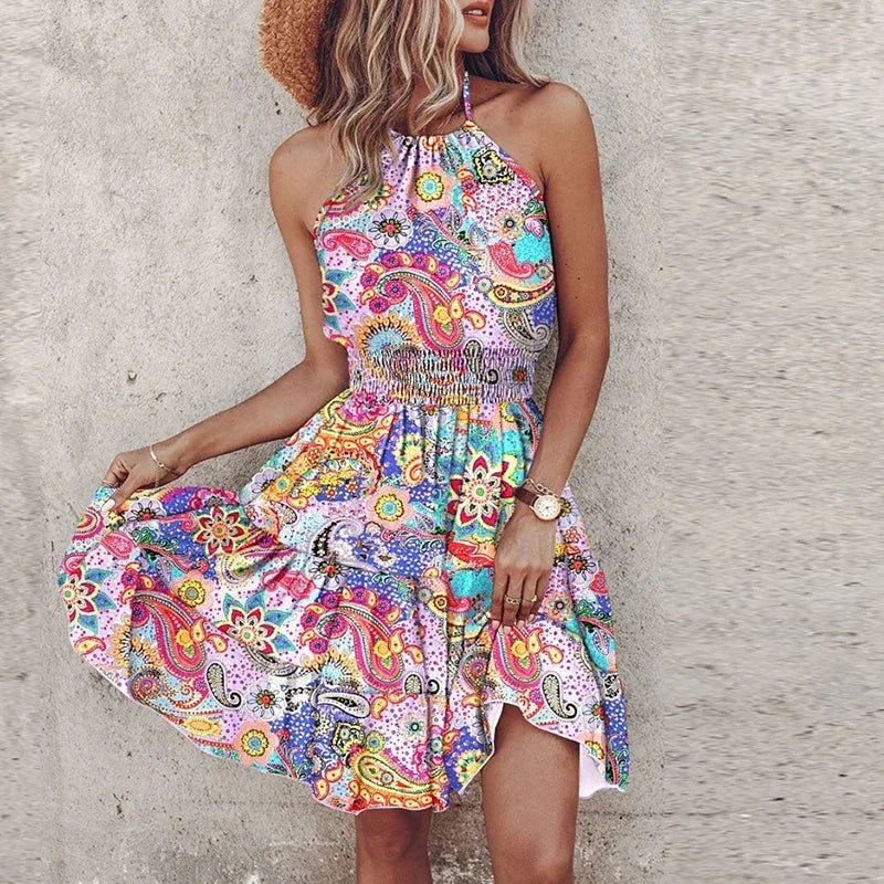 Women's floral-patterned flowy mini dress with halter neckline and smocked waist – Lavender