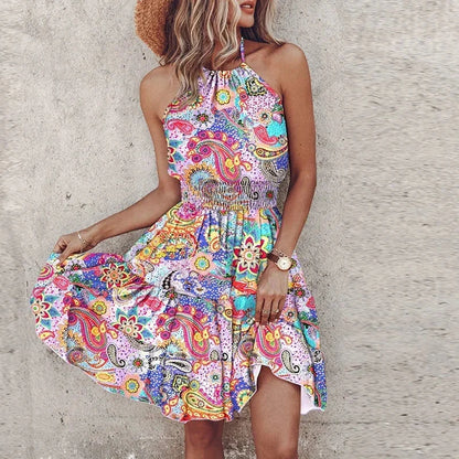 Women's floral-patterned flowy mini dress with halter neckline and smocked waist – Lavender