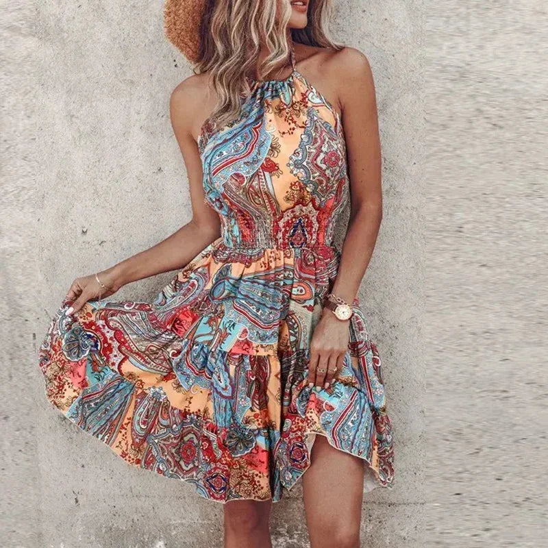 Women's floral-patterned flowy mini dress with halter neckline and smocked waist – Light Blue