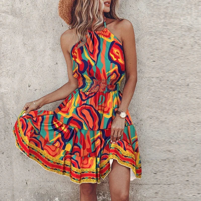 Women's floral-patterned flowy mini dress with halter neckline and smocked waist – Orange