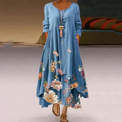 Women's floral-print long-sleeve loose maxi dress with V-neck and layered hem – Blue