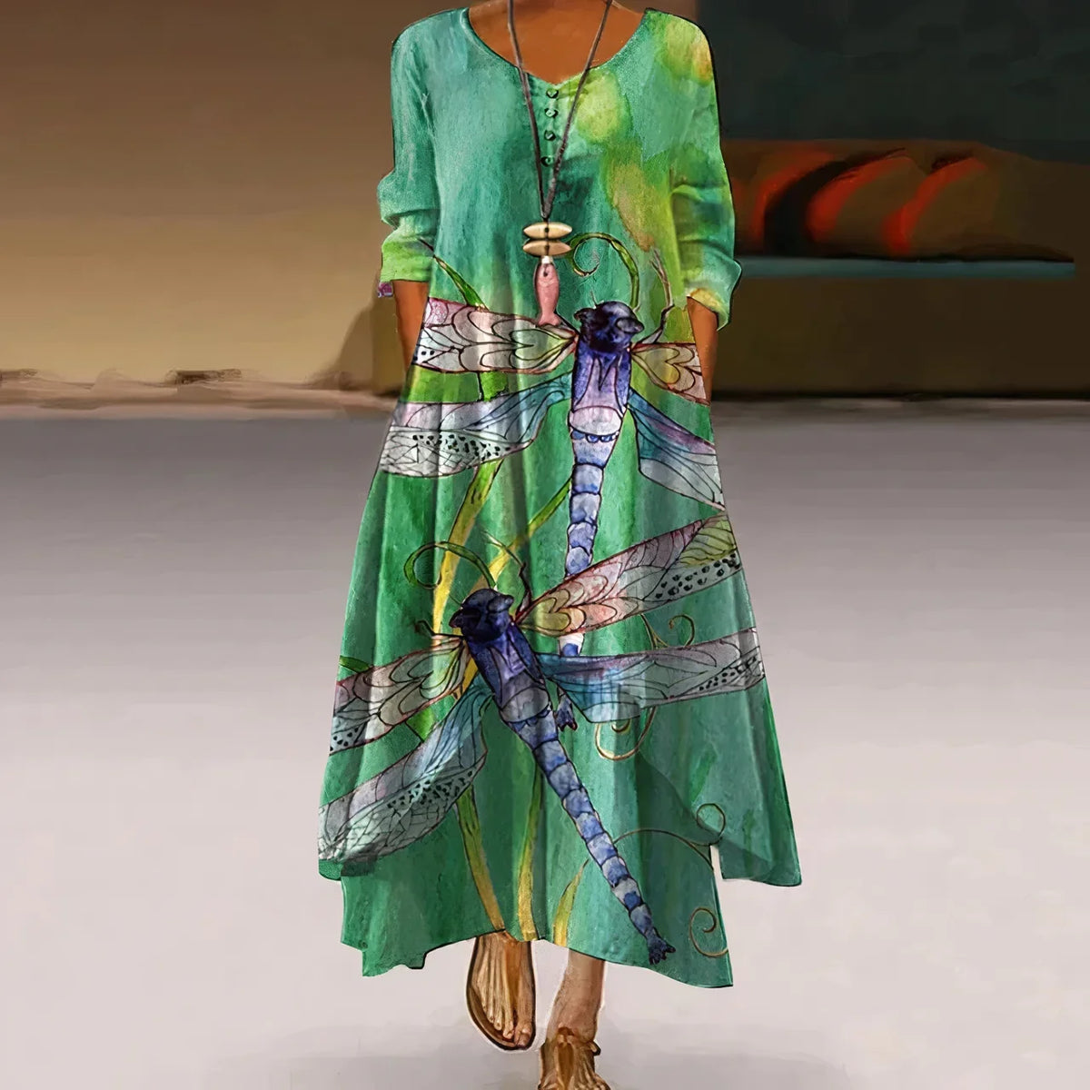 Women's floral-print long-sleeve loose maxi dress with V-neck and layered hem – Green
