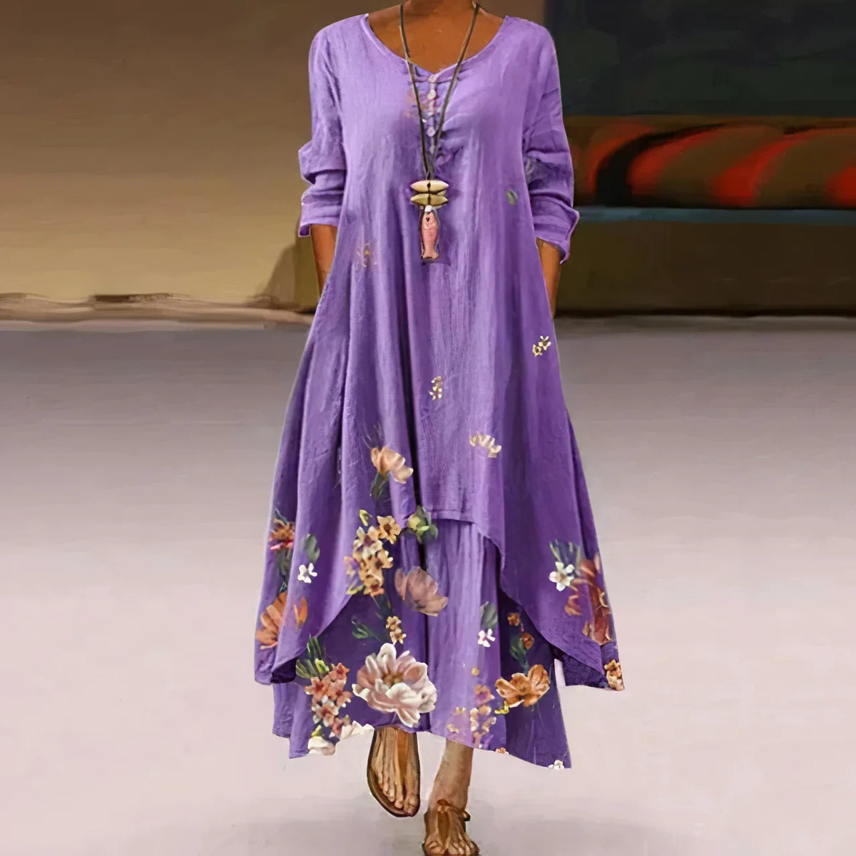 Women's floral-print long-sleeve loose maxi dress with V-neck and layered hem – Lavender