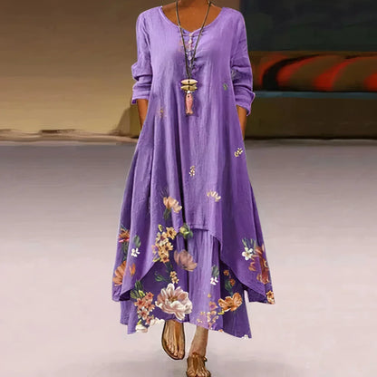 Women's floral-print long-sleeve loose maxi dress with V-neck and layered hem – Lavender