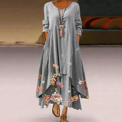 Women's floral-print long-sleeve loose maxi dress with V-neck and layered hem – Light Grey