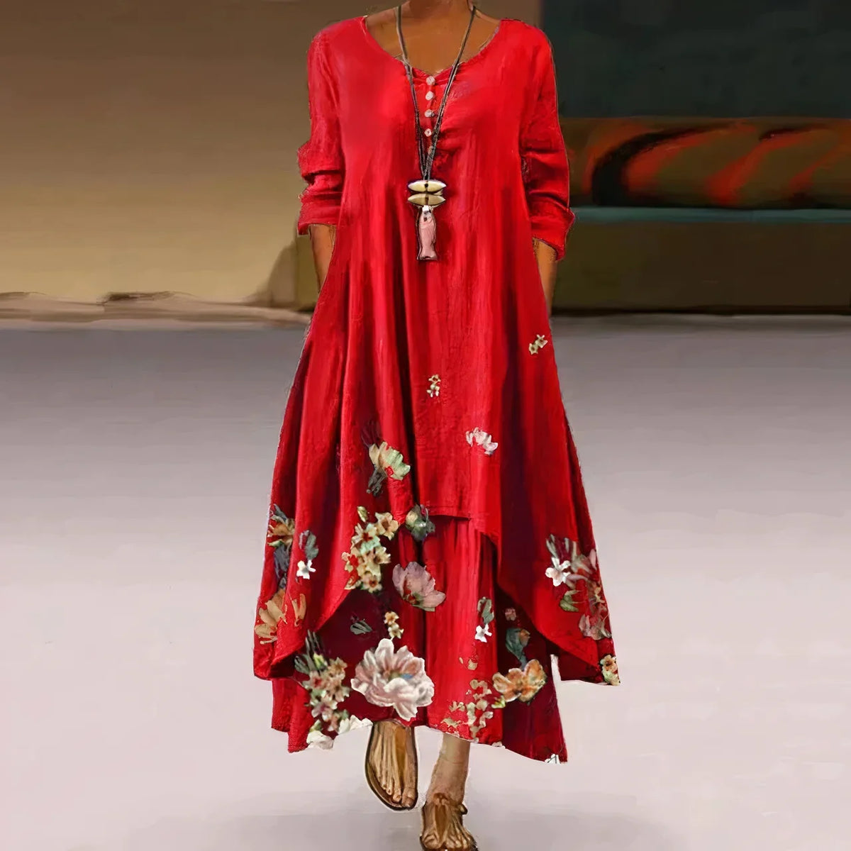 Women's floral-print long-sleeve loose maxi dress with V-neck and layered hem – Red