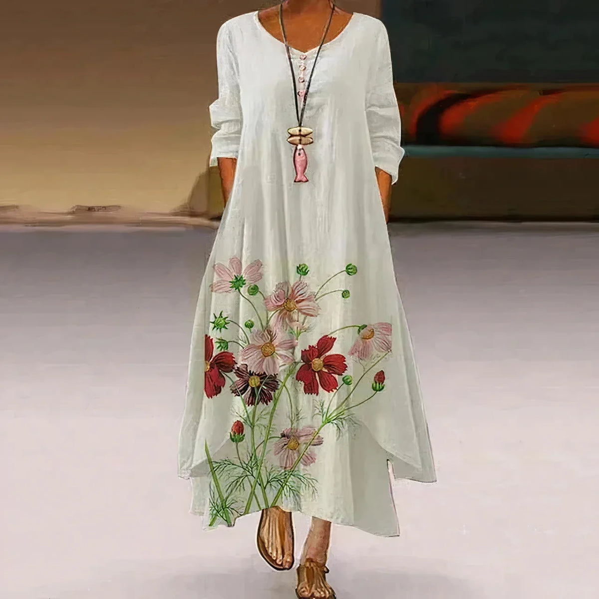 Women's floral-print long-sleeve loose maxi dress with V-neck and layered hem – White 1