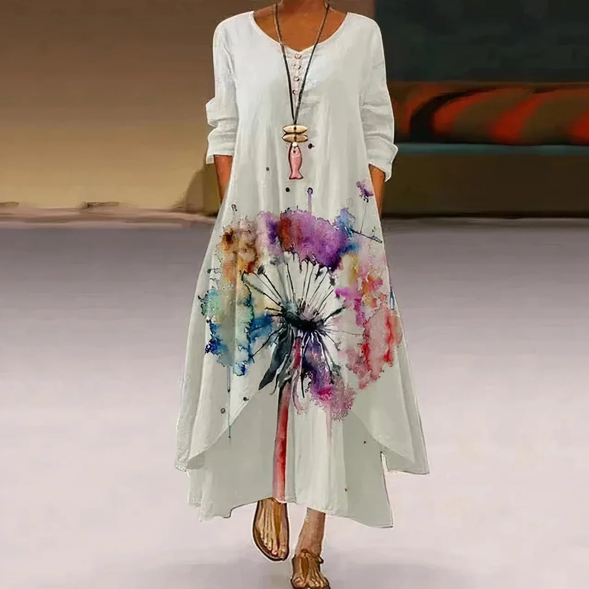 Women's floral-print long-sleeve loose maxi dress with V-neck and layered hem – White 2
