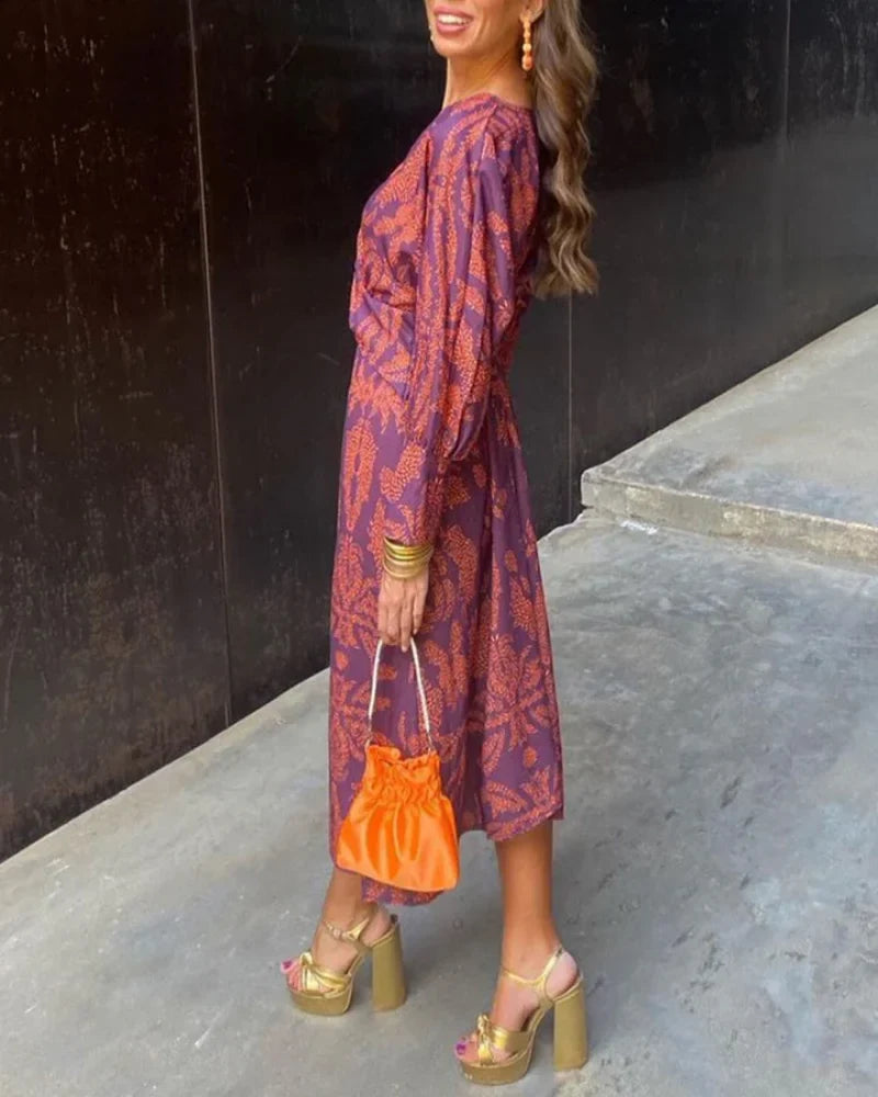 Women's floral print long sleeve maxi dress with V-neck and twisted knot waist