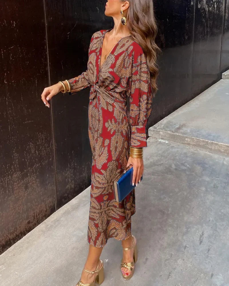 Women's floral print long sleeve maxi dress with V-neck and twisted knot waist