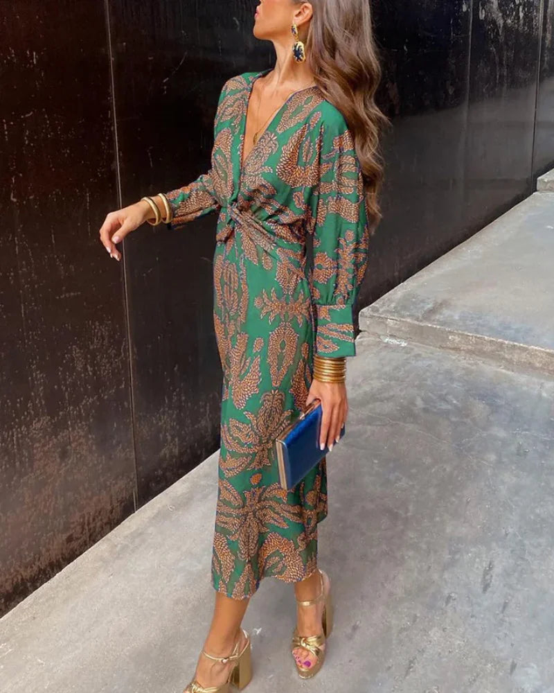Women's floral print long sleeve maxi dress with V-neck and twisted knot waist