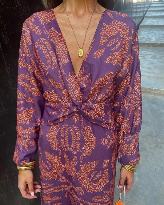 Women's floral print long sleeve maxi dress with V-neck and twisted knot waist – Pink