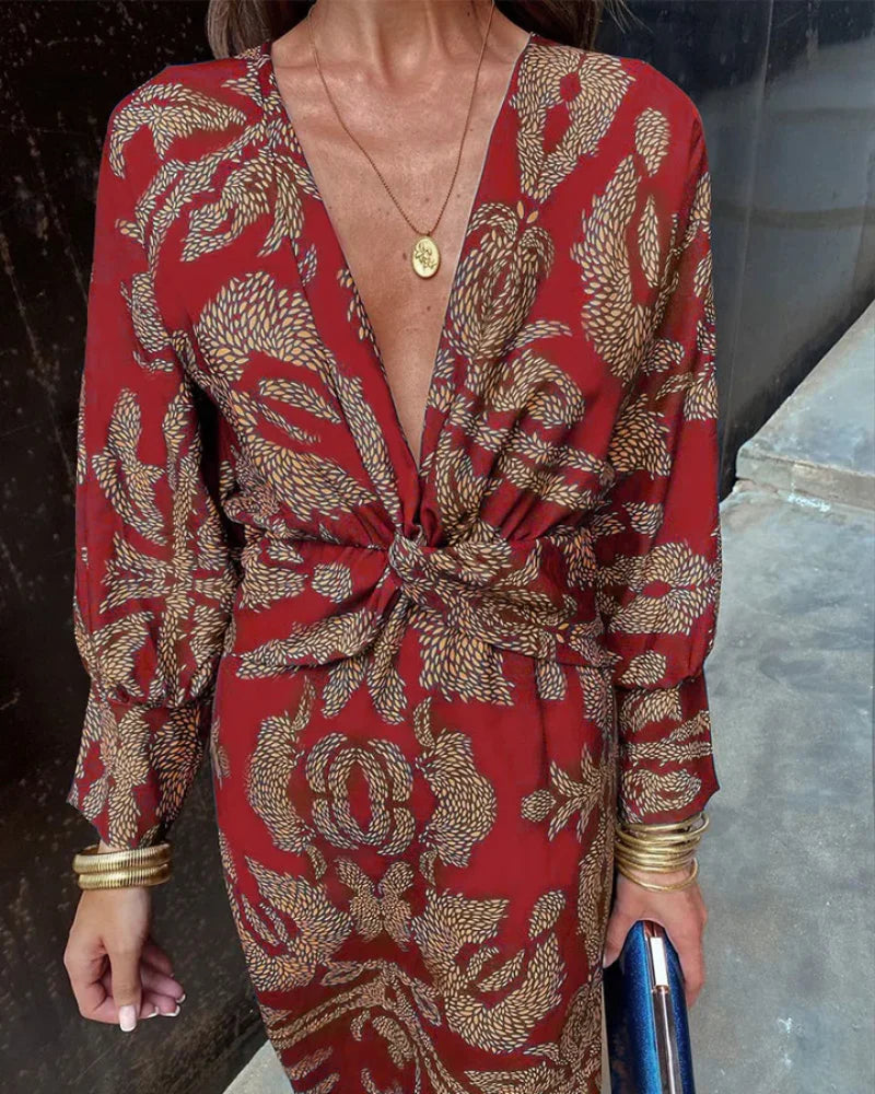 Women's floral print long sleeve maxi dress with V-neck and twisted knot waist – Red