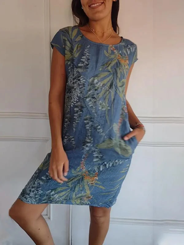 Women's floral print mini dress with round-neck short sleeves and side pockets – Blue