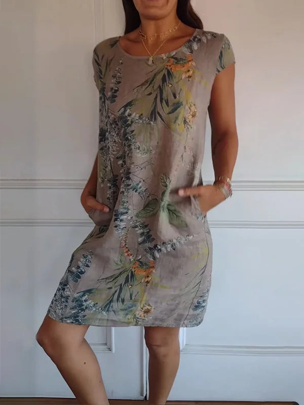 Women's floral print mini dress with round-neck short sleeves and side pockets – Brown