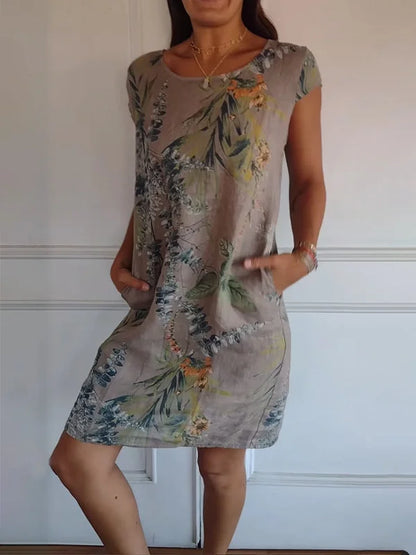 Women's floral print mini dress with round-neck short sleeves and side pockets – Brown