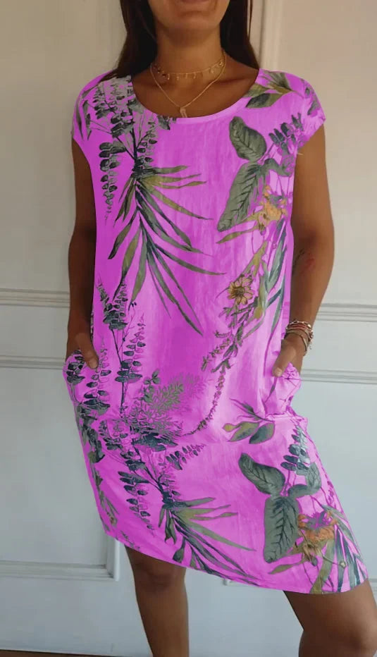 Women's floral print mini dress with round-neck short sleeves and side pockets – Purple