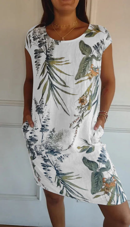 Women's floral print mini dress with round-neck short sleeves and side pockets – White 1
