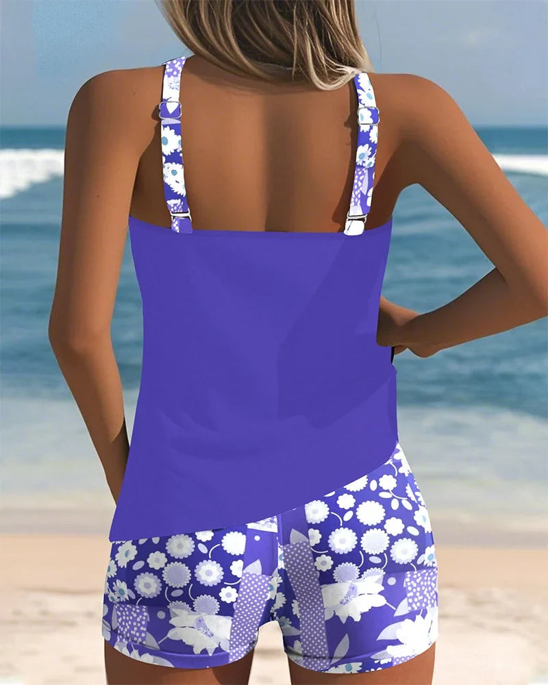 Women's floral print tankini shorts matching set swimsuit with adjustable straps