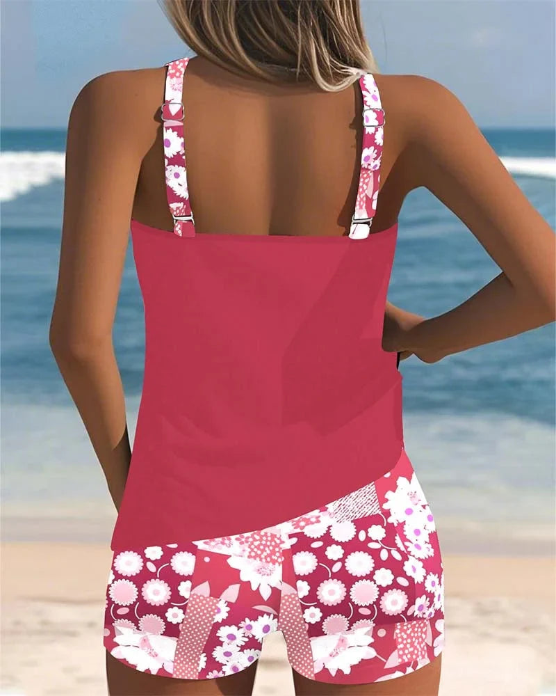 Women's floral print tankini shorts matching set swimsuit with adjustable straps