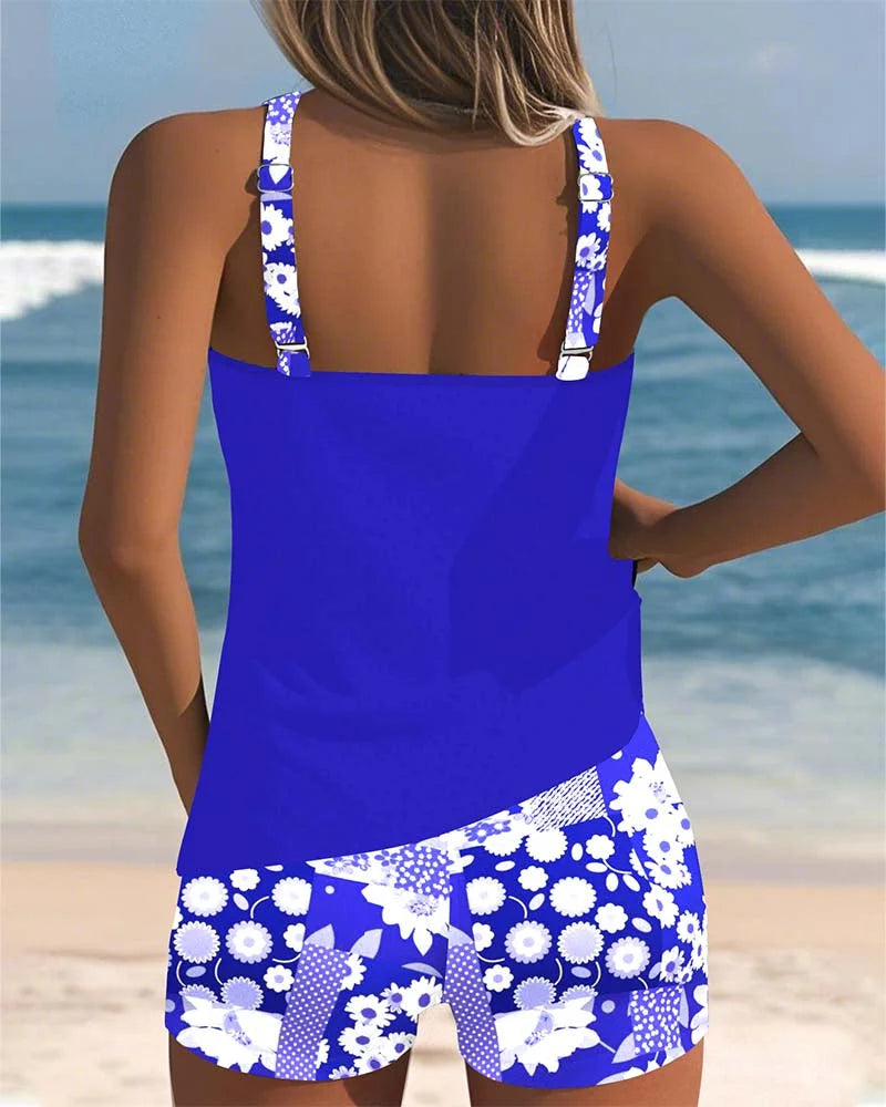 Women's floral print tankini shorts matching set swimsuit with adjustable straps
