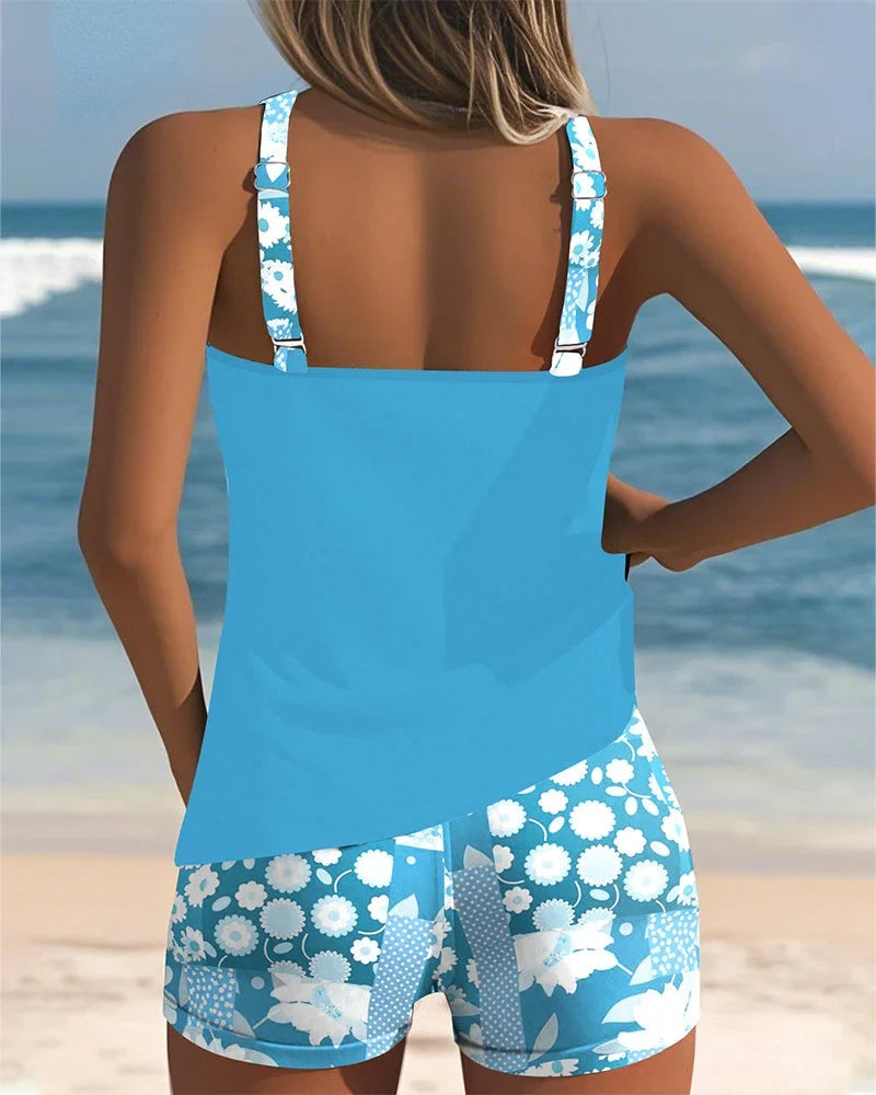 Women's floral print tankini shorts matching set swimsuit with adjustable straps